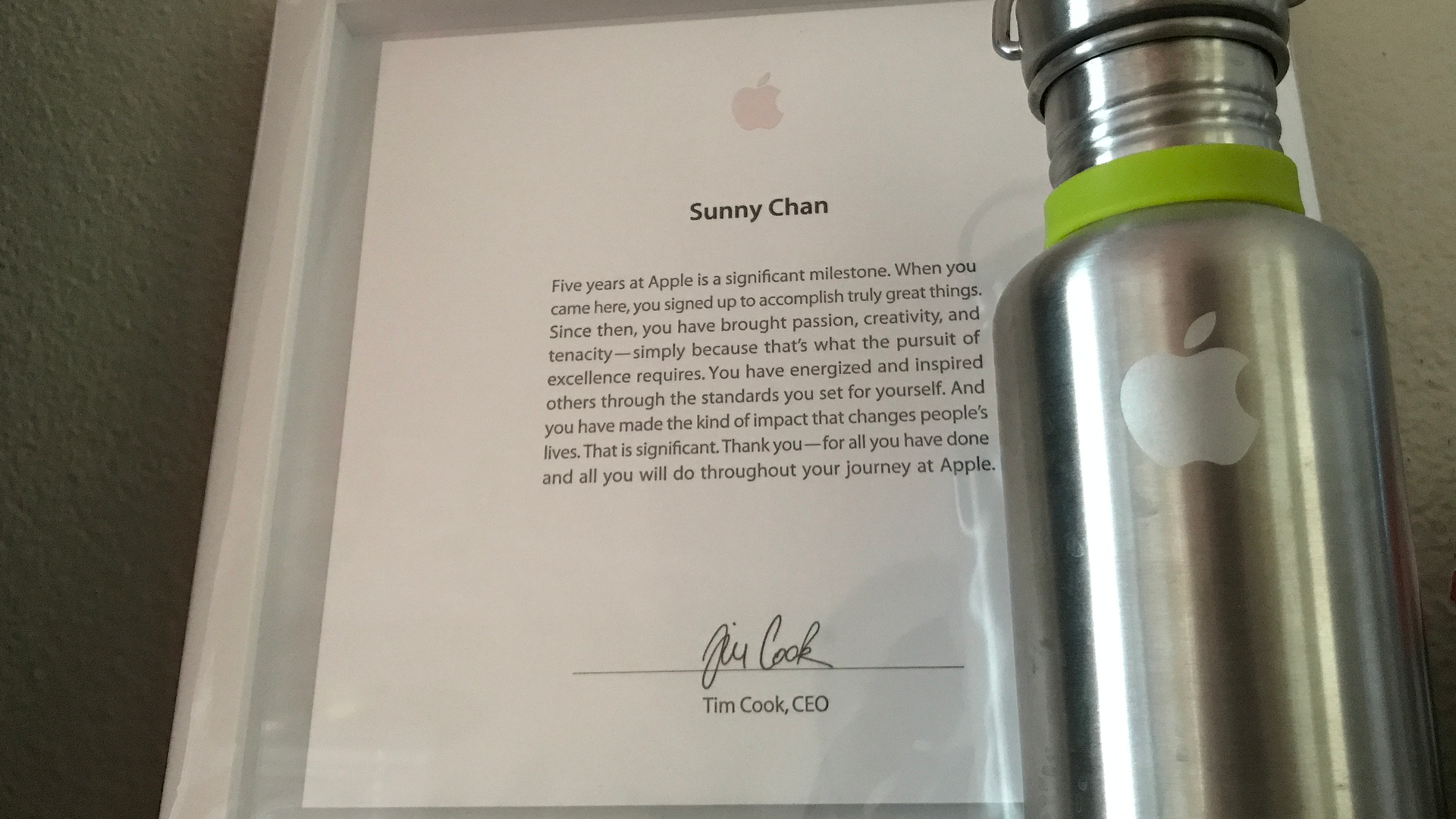 Sunnyside - Apple 5 Year Anniversary Award Plaque : Signed by Tim Cook